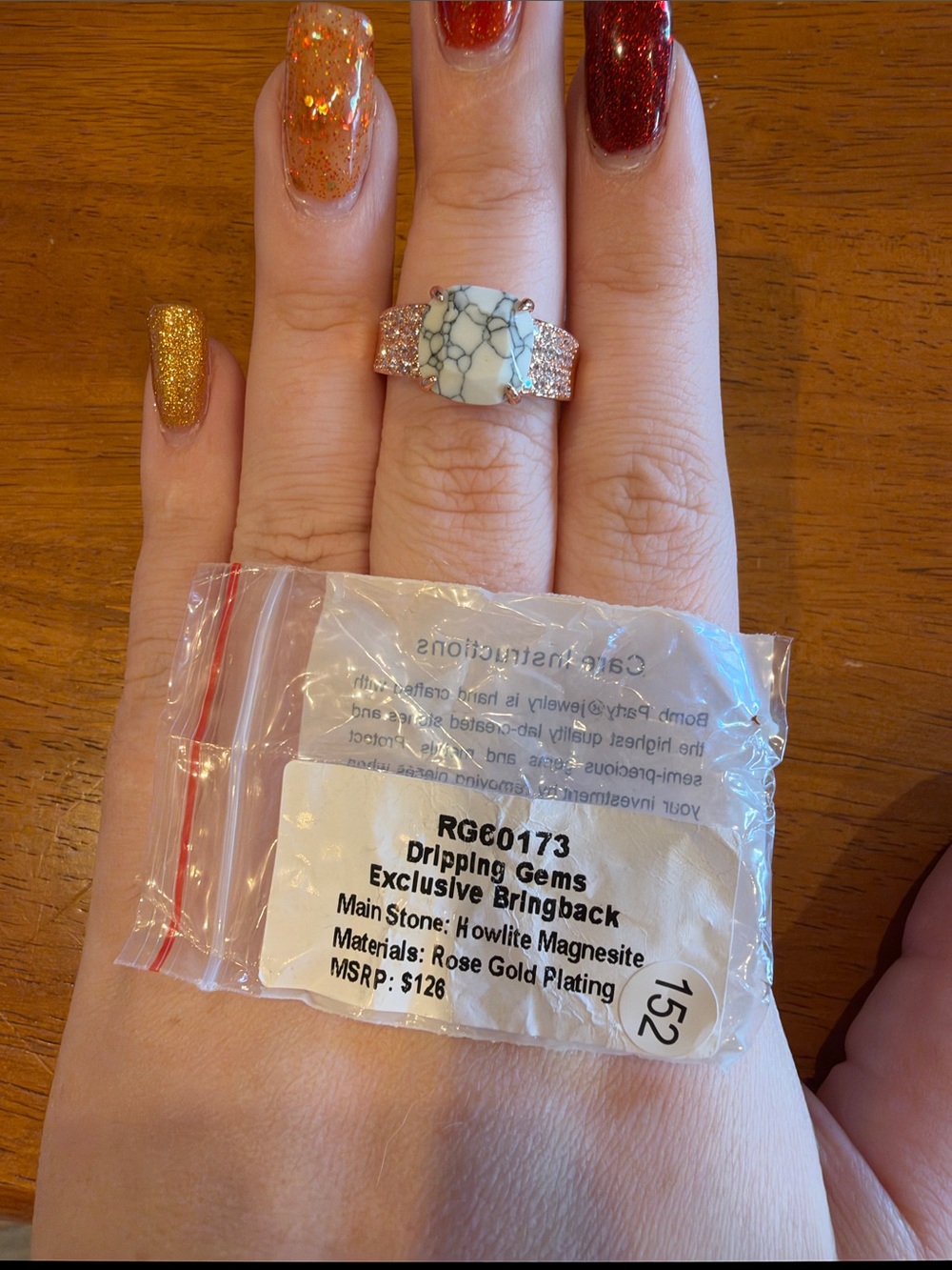 Dripping Gems Rose Gold Howlite Magnesite Ring - White Stone